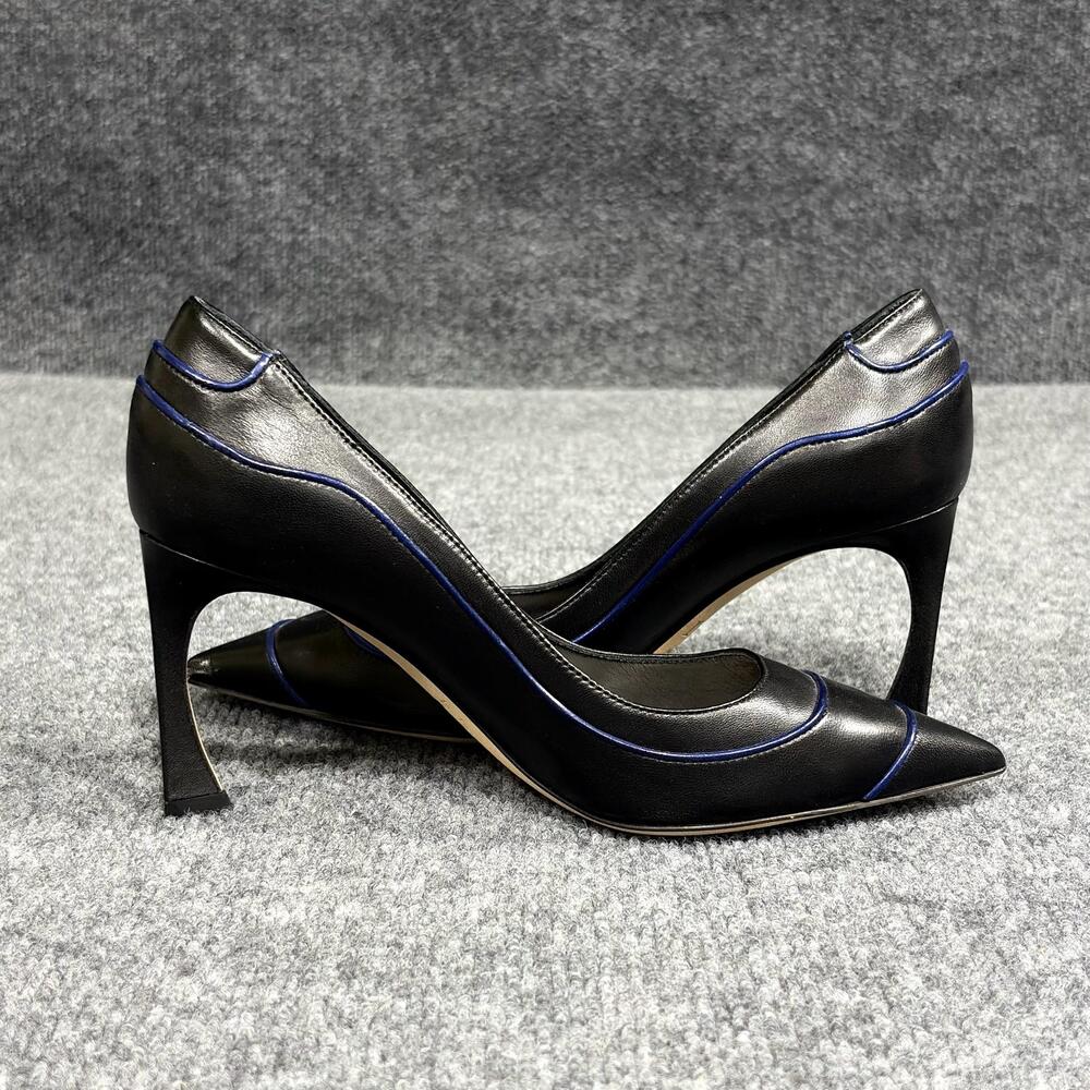 Christian Dior Shoes Womens 5.5 35.5 Black Blue Leather Pump Curved Heels Italy